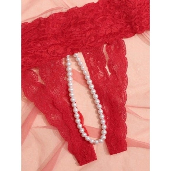 3 for $20 Plus Size Red Floral Lace Pearls Crotchless Thong Panty - Picture 4 of 5